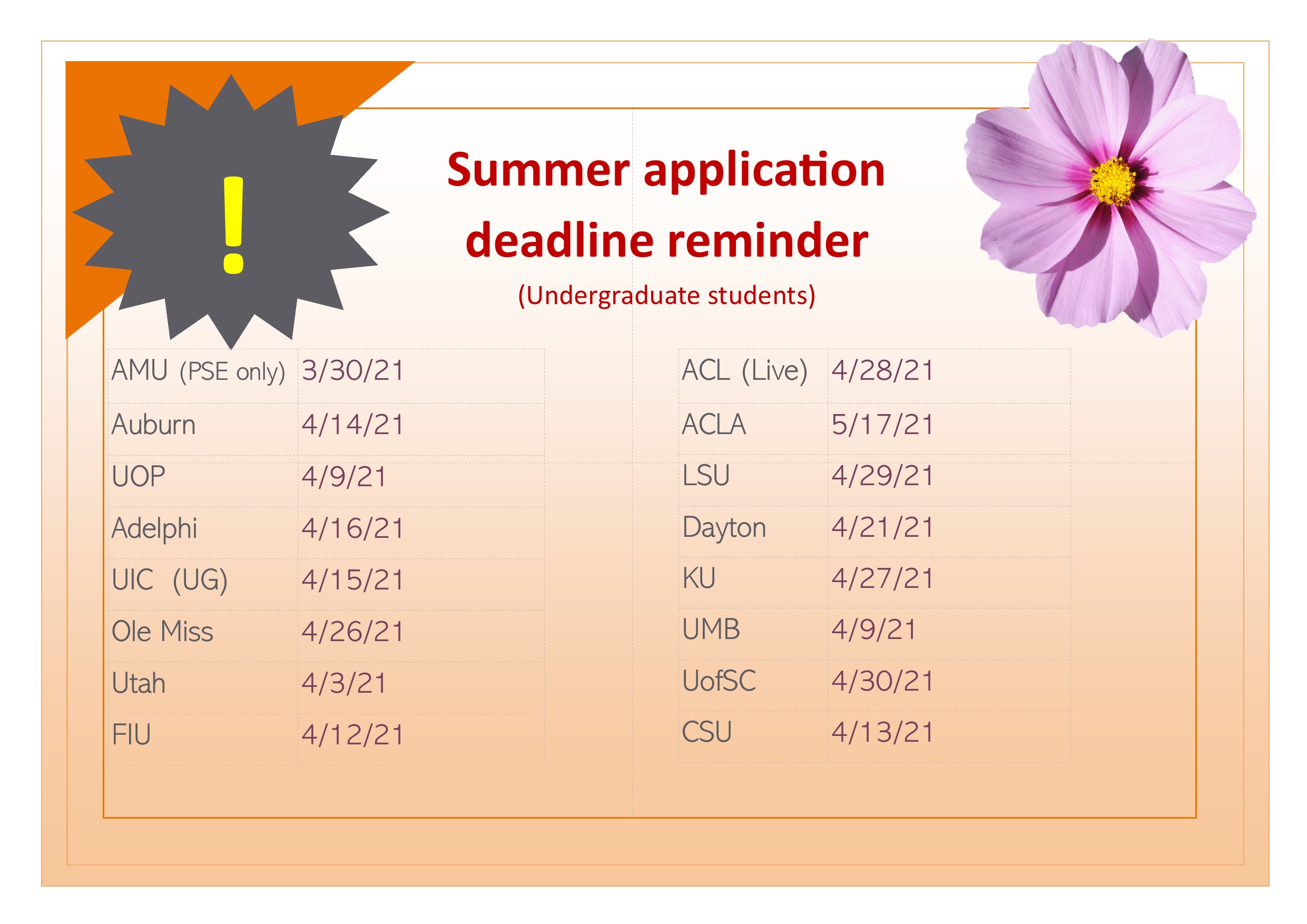 Summer application Deadlines